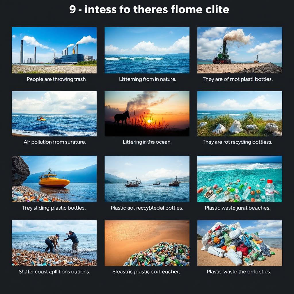 A presentation consisting of 10 images depicting actions that pollute the environment with captions in the present continuous tense