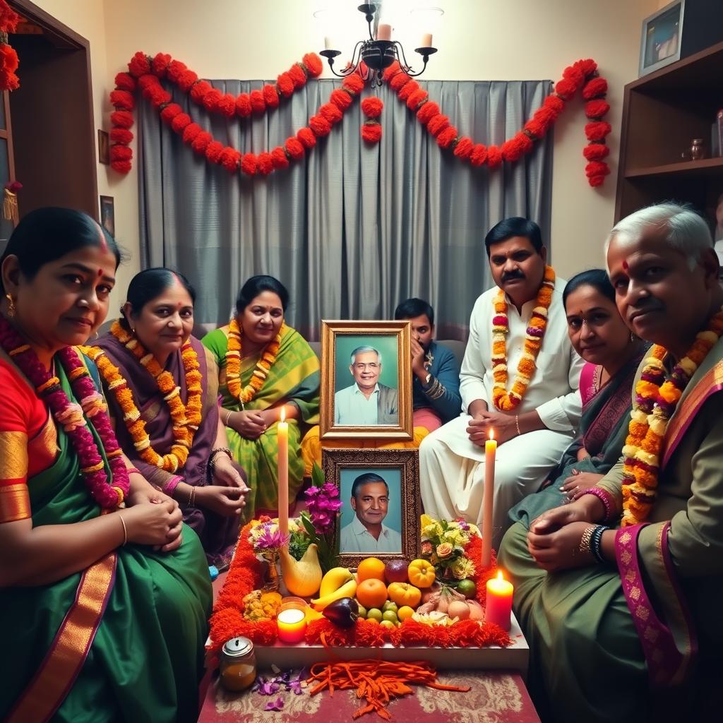 An Indian family gathered in a cozy home, completing their prayers for their late grandfather