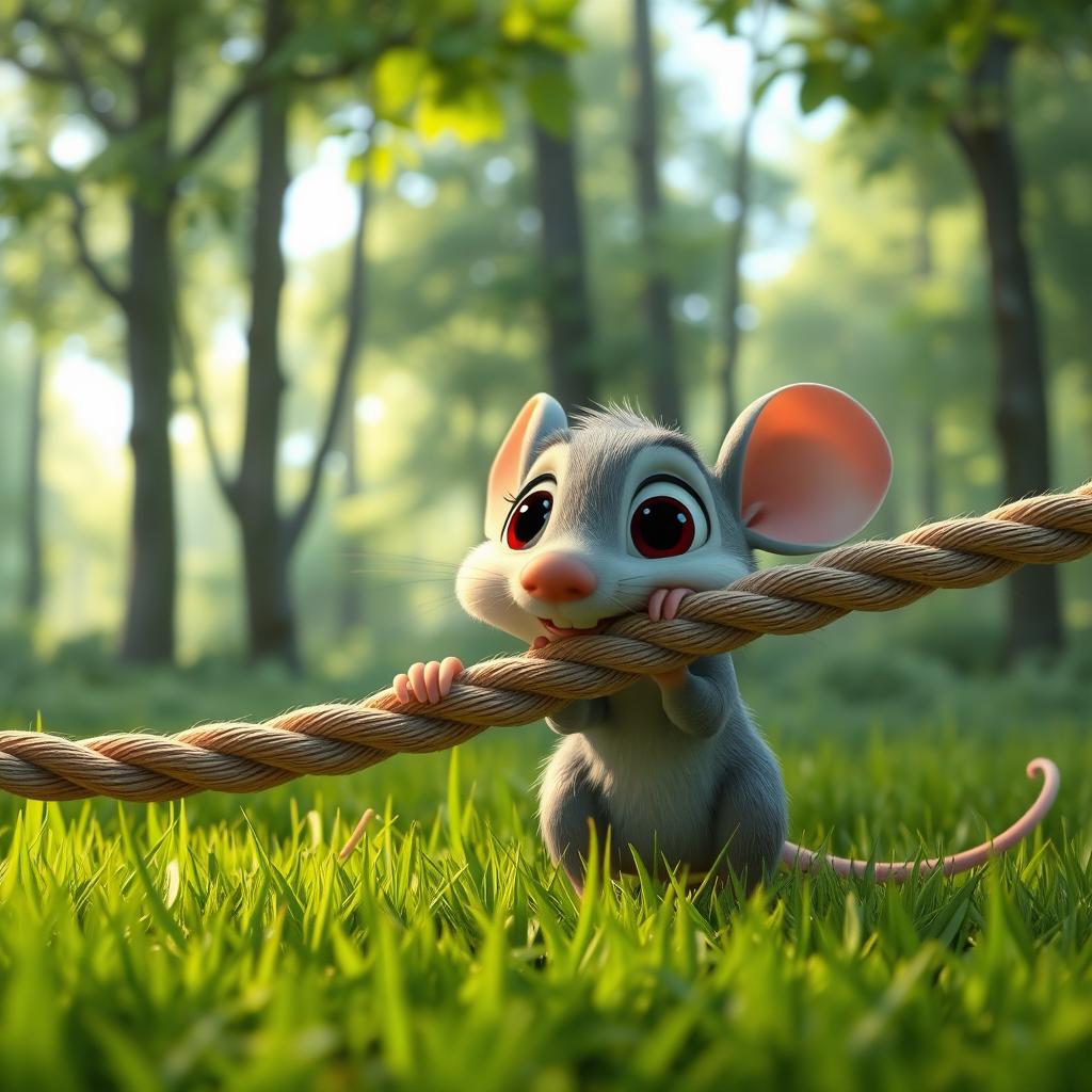 A short animated scene set in a lush green forest, featuring a small gray mouse with oversized expressive eyes, enthusiastically gnawing on a large, thick rope