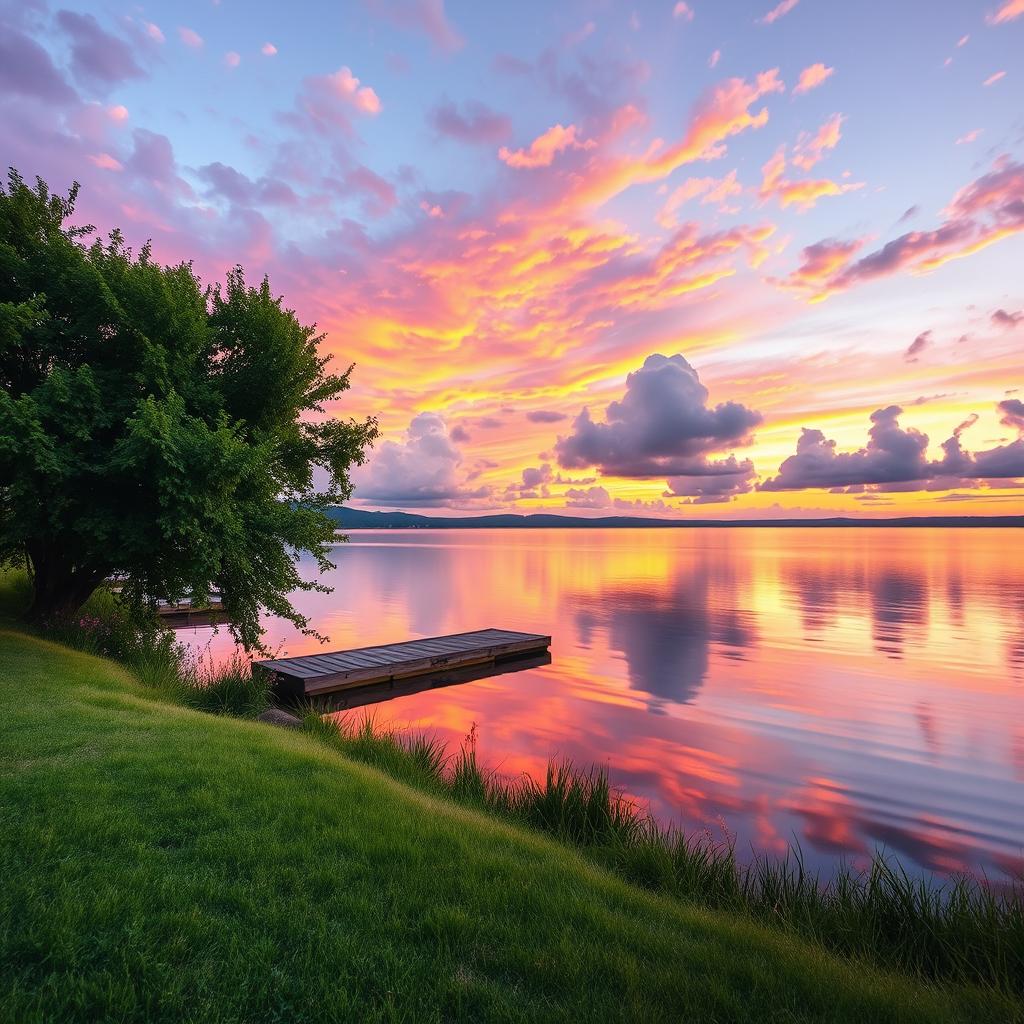 A serene landscape featuring a calm lake reflecting the vibrant colors of the sunset