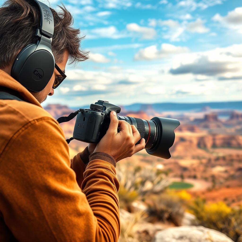 A professional photographer in an outdoor setting, skillfully capturing stunning images, with a high-end camera in hand, surrounded by beautiful natural scenery