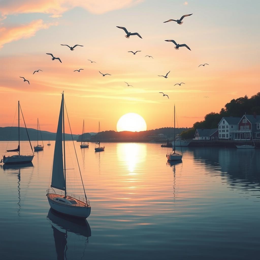 A serene harbor scene at dawn, symbolizing new beginnings