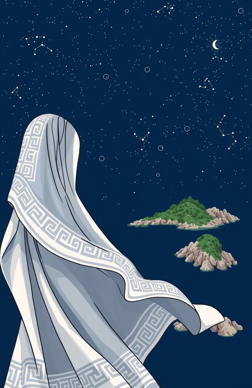 A Greek aesthetic illustration featuring a flowing cape with a dark blue constellation background, showcasing intricate details of ancient archipelagos