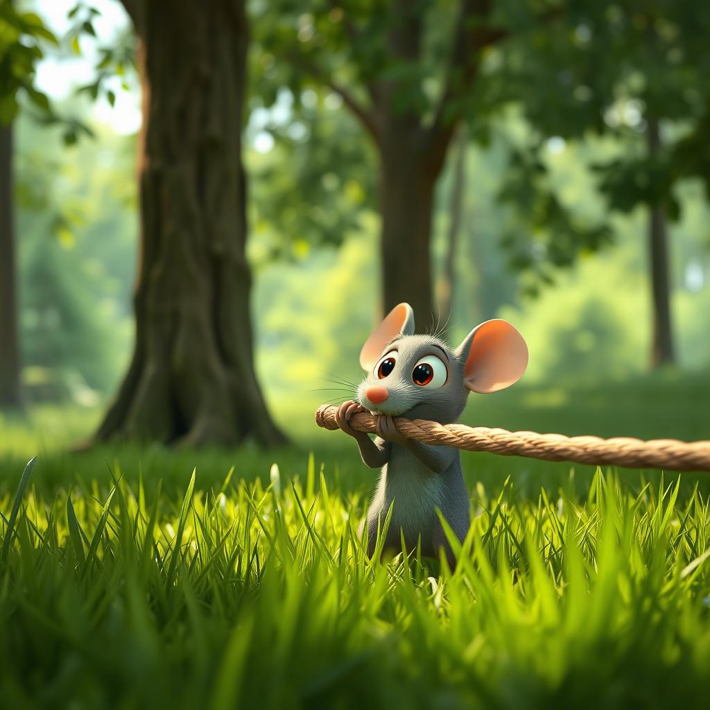 A short animated scene set in a lush green forest, featuring a small gray mouse with oversized expressive eyes energetically gnawing on a large rope