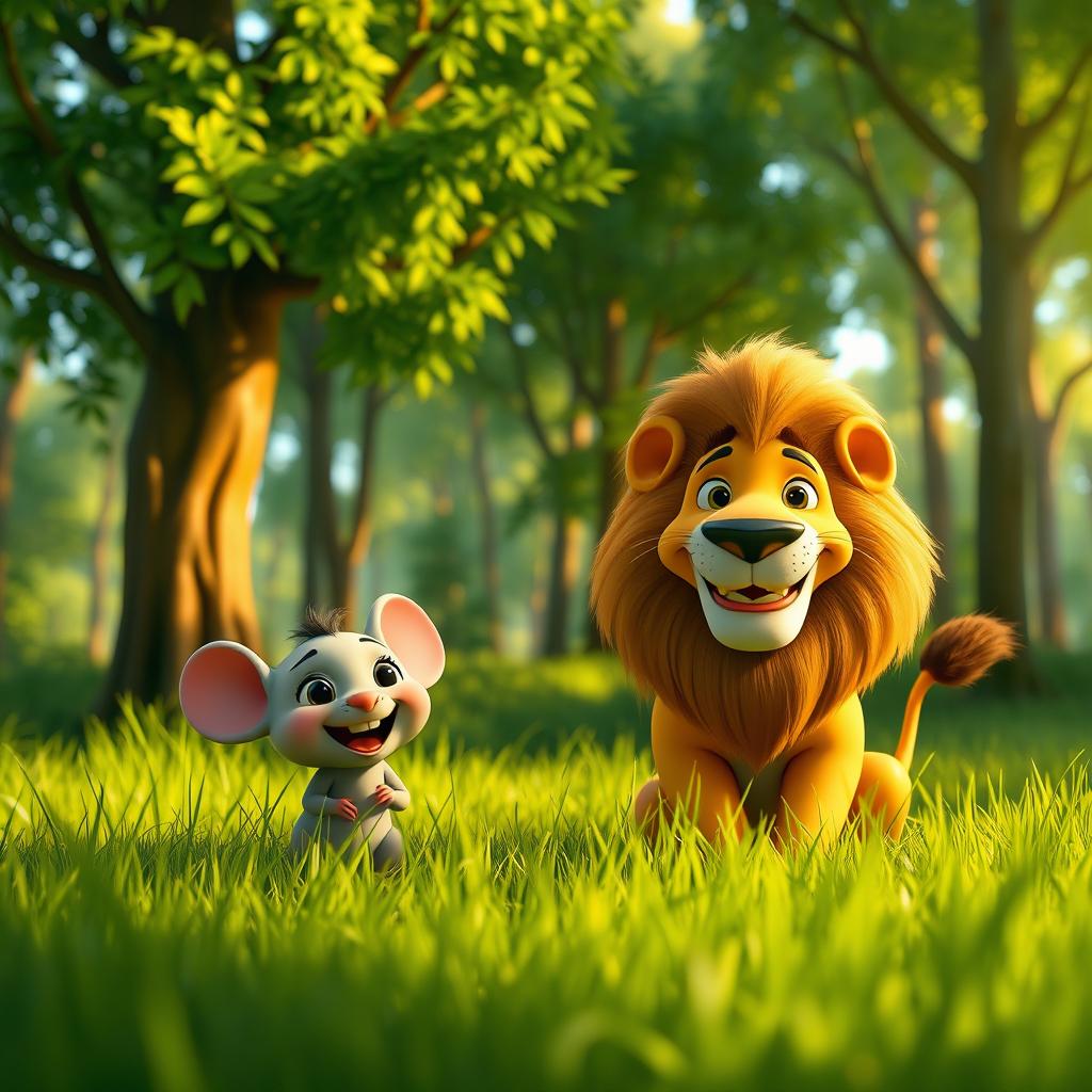 A short animated scene set in a vibrant green forest, featuring a small gray mouse with large, expressive eyes and a big smile, joyfully sitting in a lush grass field