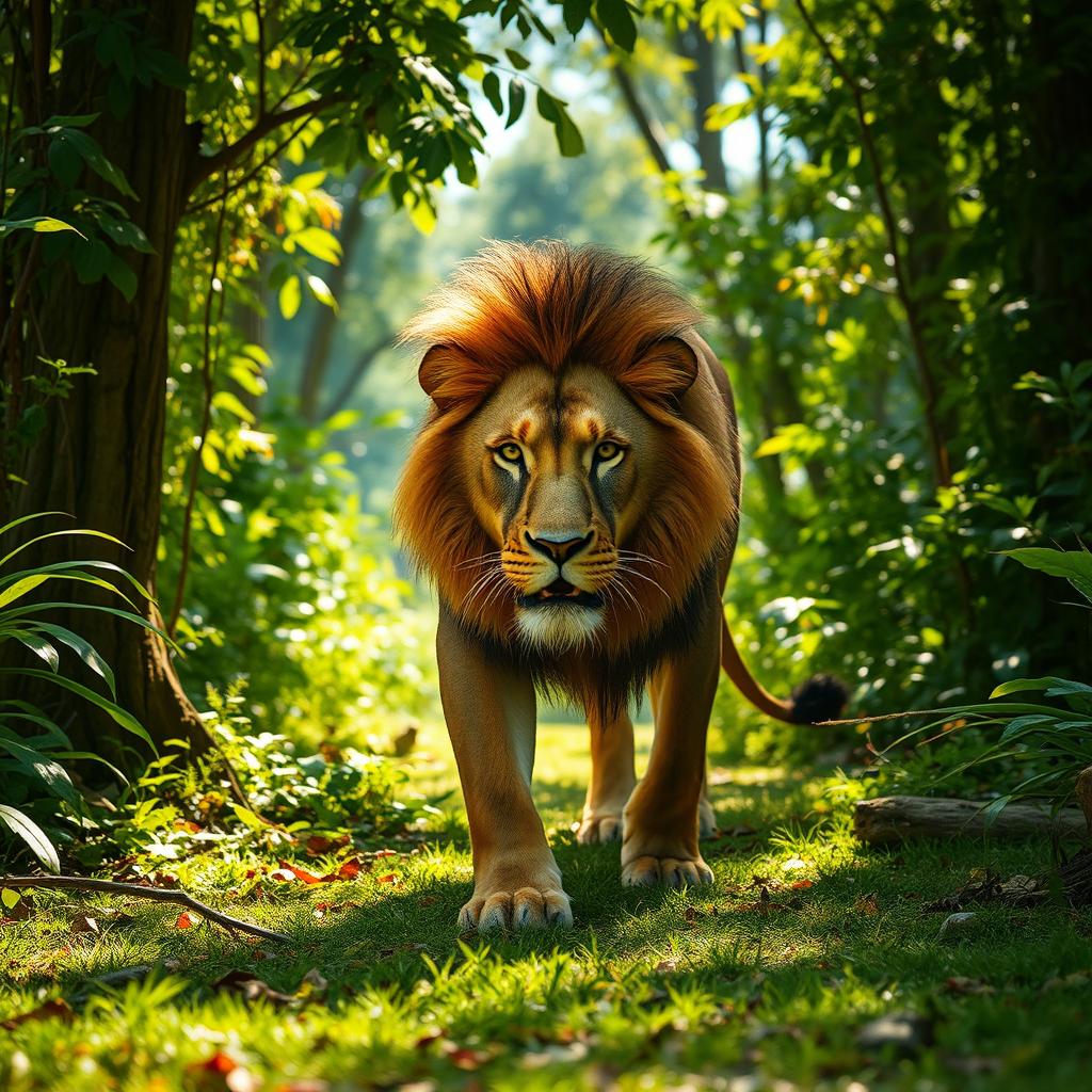 A majestic lion walking through a lush green forest, exploring its surroundings with a sense of curiosity