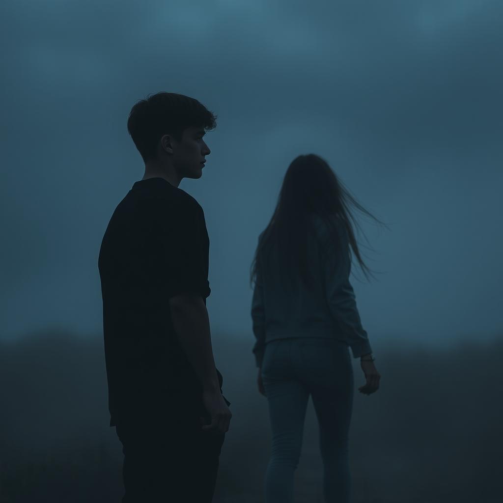 A dark and moody scene depicting a young man standing in the shadows, watching a distant girl as she walks away