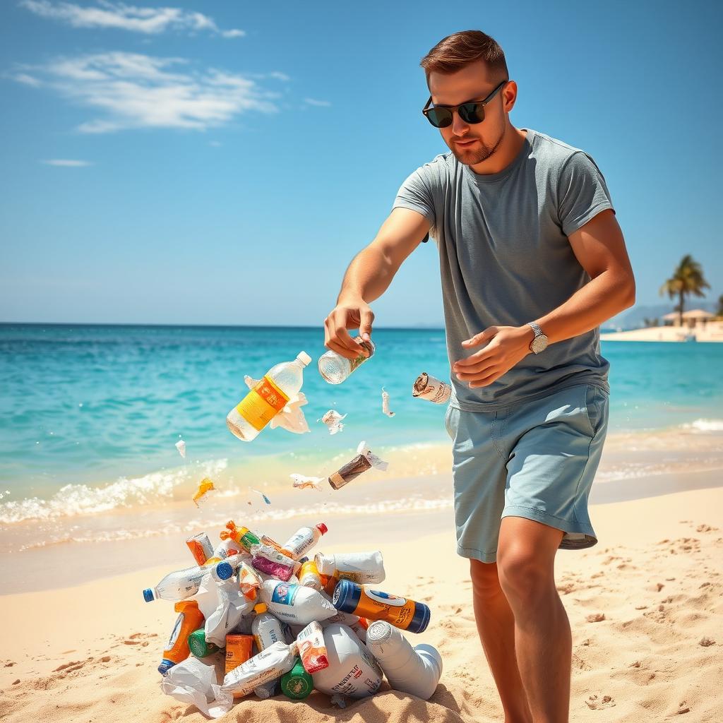 A person throwing garbage on a beach, captured in a realistic scene