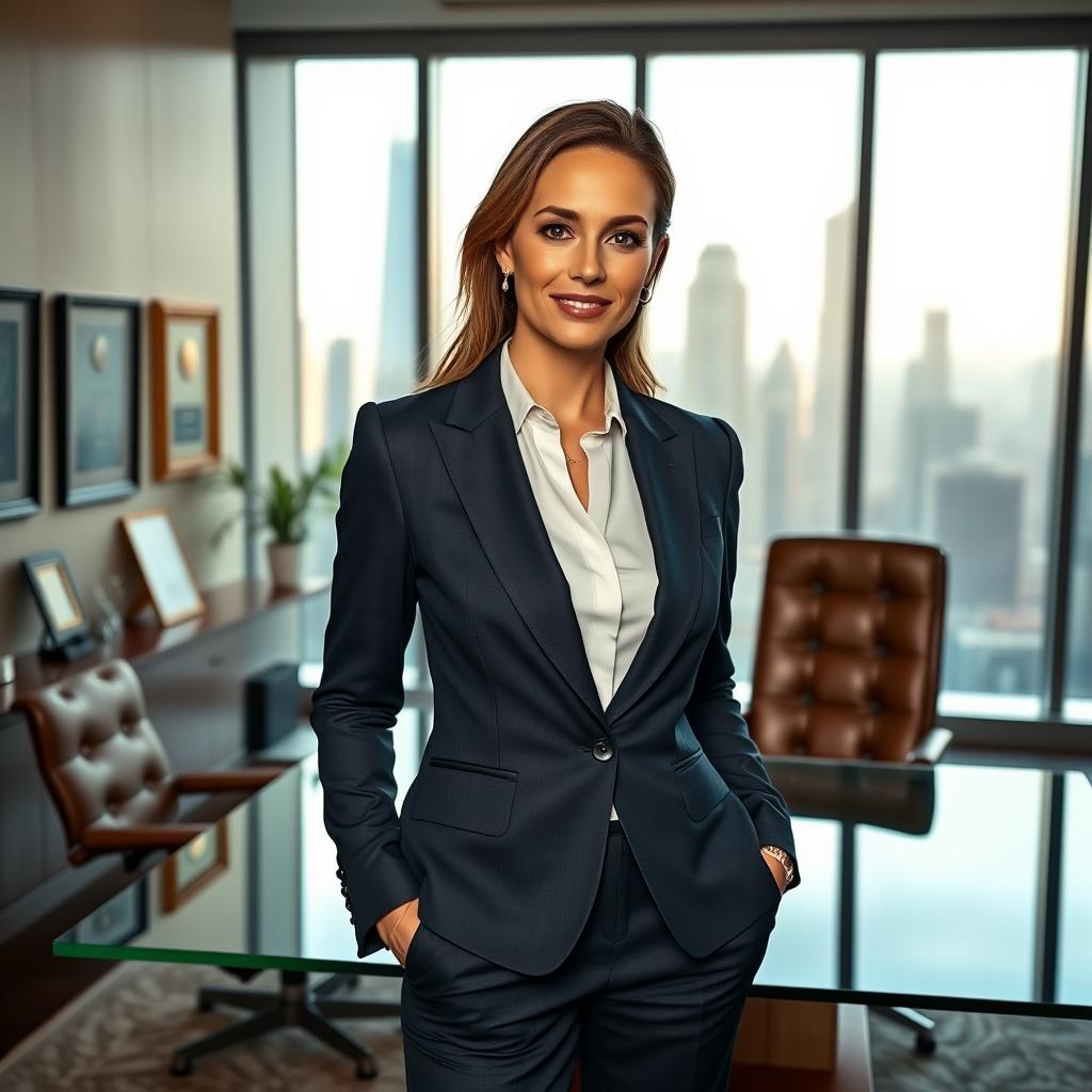 A confident and successful businesswoman dressed in a sharp, stylish suit, standing in a luxurious CEO office