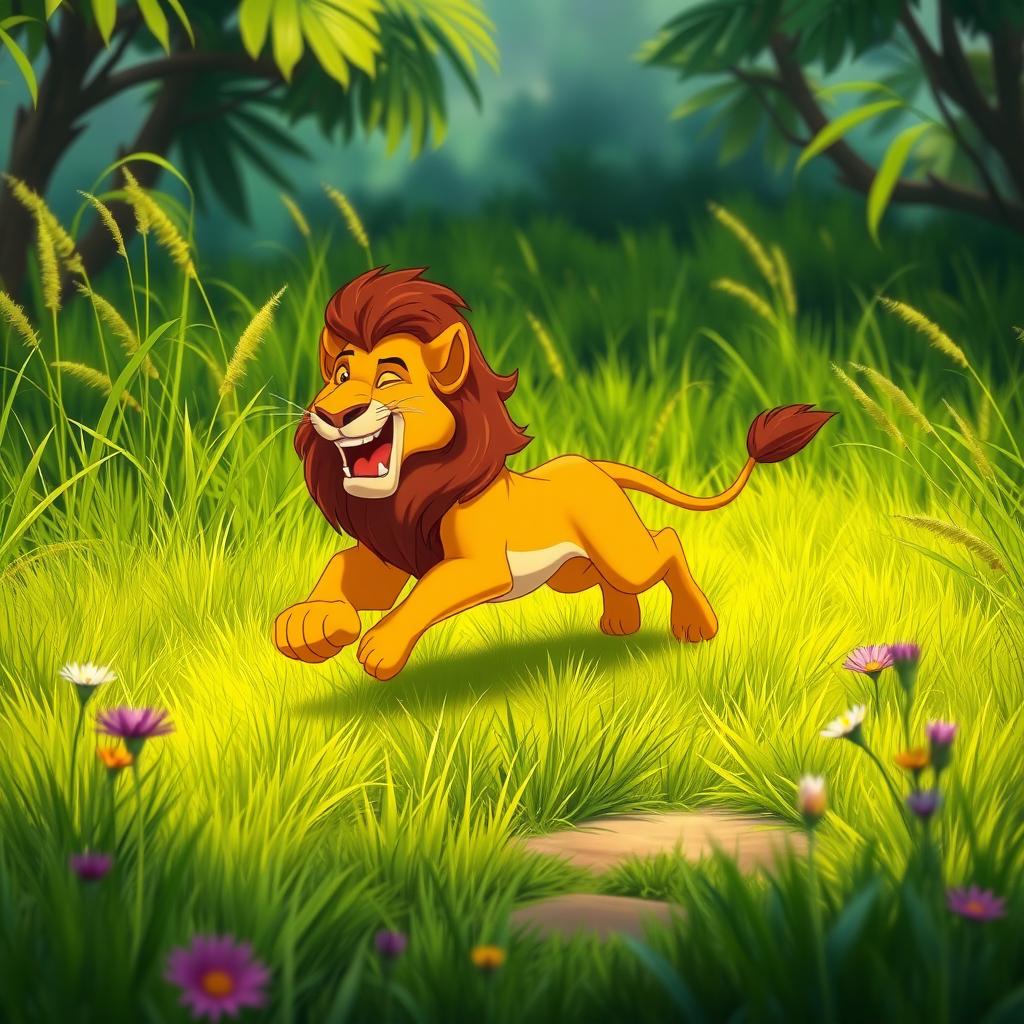 A vibrant animated scene set in a lush green forest, where a lion is joyfully running across a grassy plain