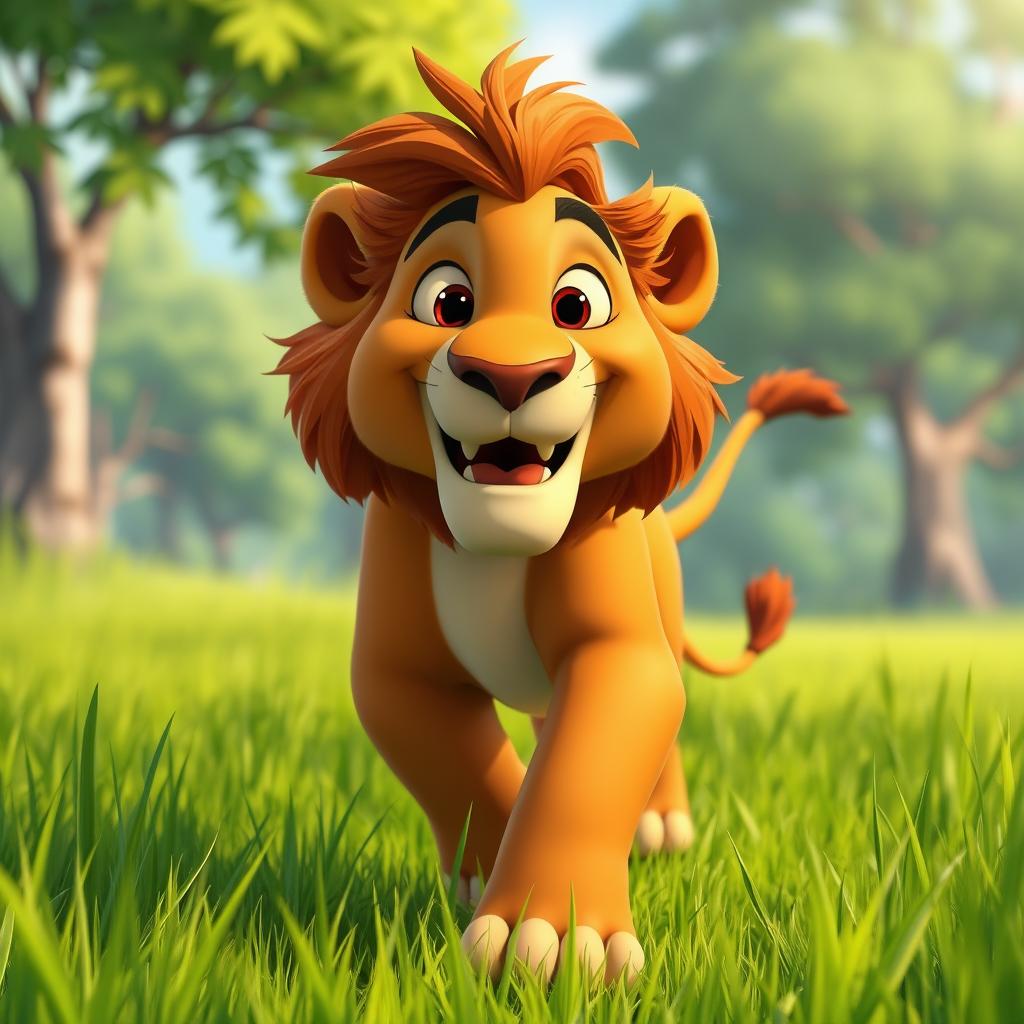 A lively animated scene set in a green forest, where a lion runs happily through a grassy field