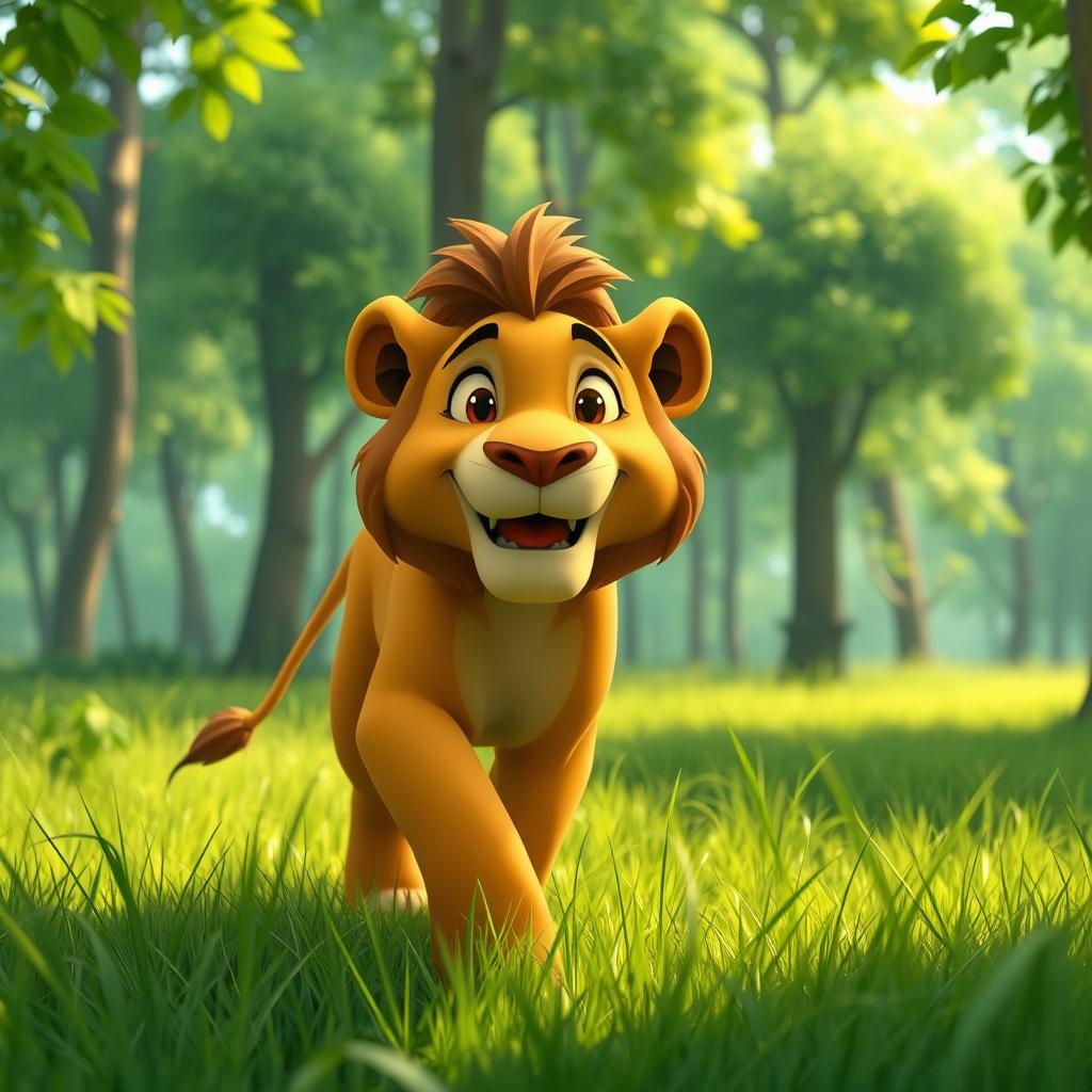 A short animation scene in a vibrant green forest featuring a majestic lion walking happily through a lush grassland