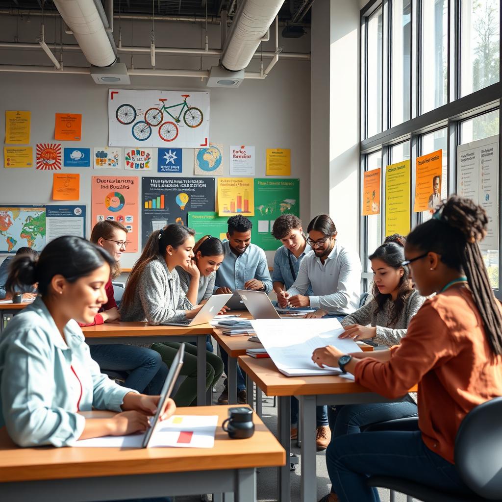 A vibrant scene depicting a diverse group of college students in a polytechnic environment, engaging passionately in collaborative projects