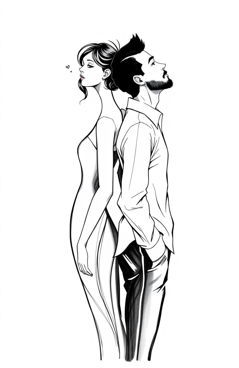 A black and white drawing featuring a woman and a man standing back to back, both with their heads raised high in a graceful manner, gently touching at the top