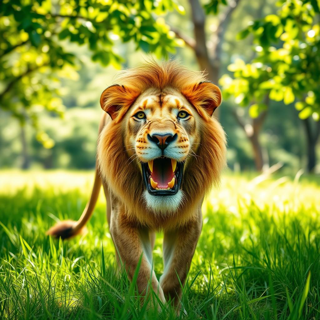 A cheerful lion walking through a vibrant green forest, showcasing a lively grassland surrounded by lush trees in the background