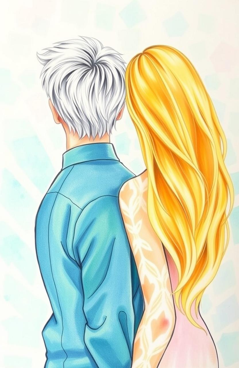 A pastel colorful drawing featuring a woman with long blonde hair and a man with short silver hair, depicted from behind with their backs to each other