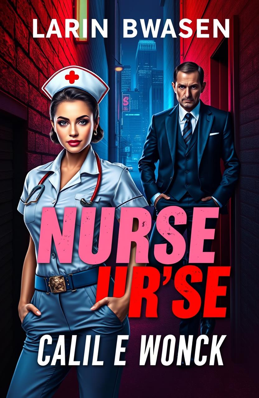 A vibrant book cover design featuring a striking female nurse in a stylish uniform, exuding confidence and strength, standing in the foreground