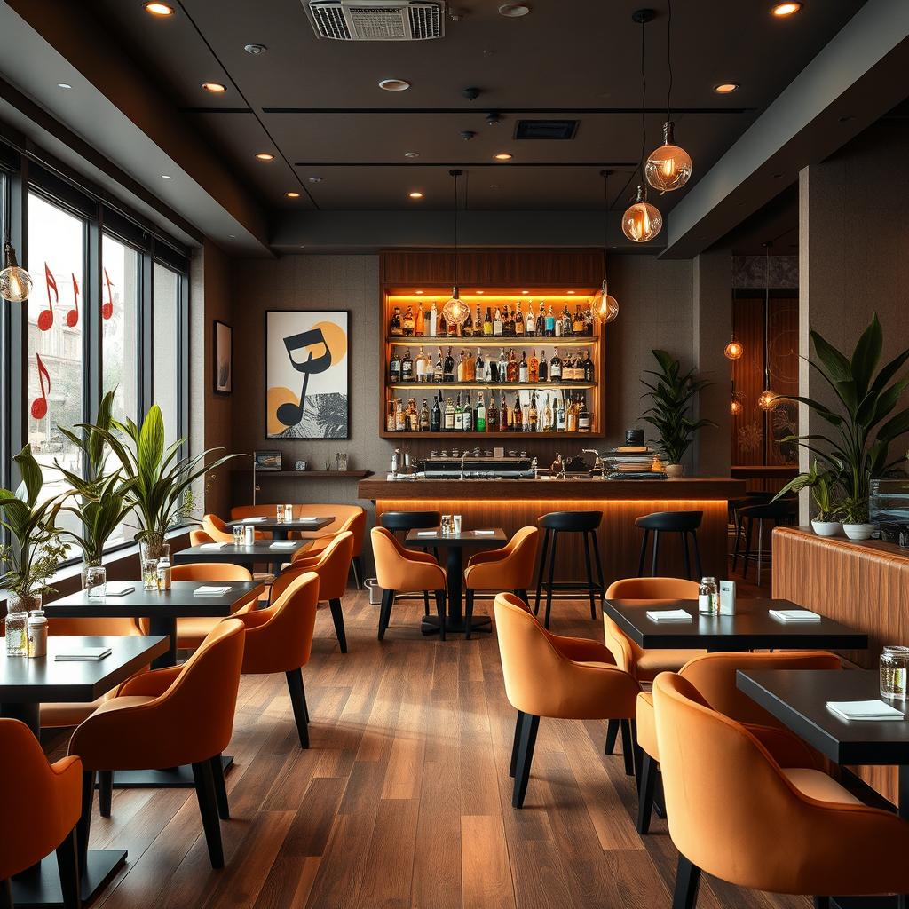 Interior design of a cozy, modern café restaurant featuring a stylish bar at the back