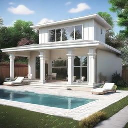 Generate a 81'x62' house plan that includes 20' front parking, 10' set back on both sides, a swimming pool, and canopies.