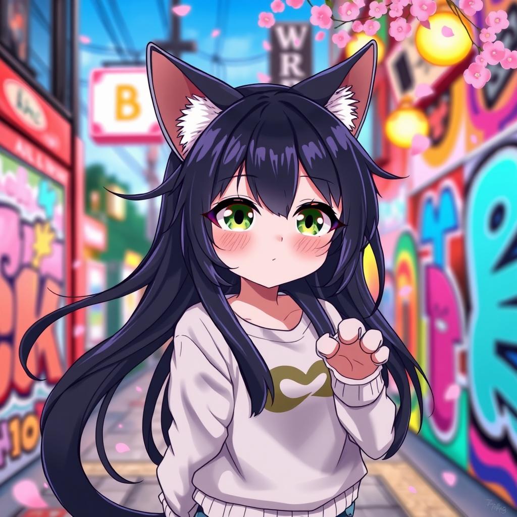 An enchanting cat girl in a vibrant anime style