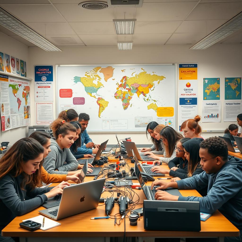 A vibrant and dynamic classroom scene showcasing students of diverse backgrounds engaging in collaborative learning