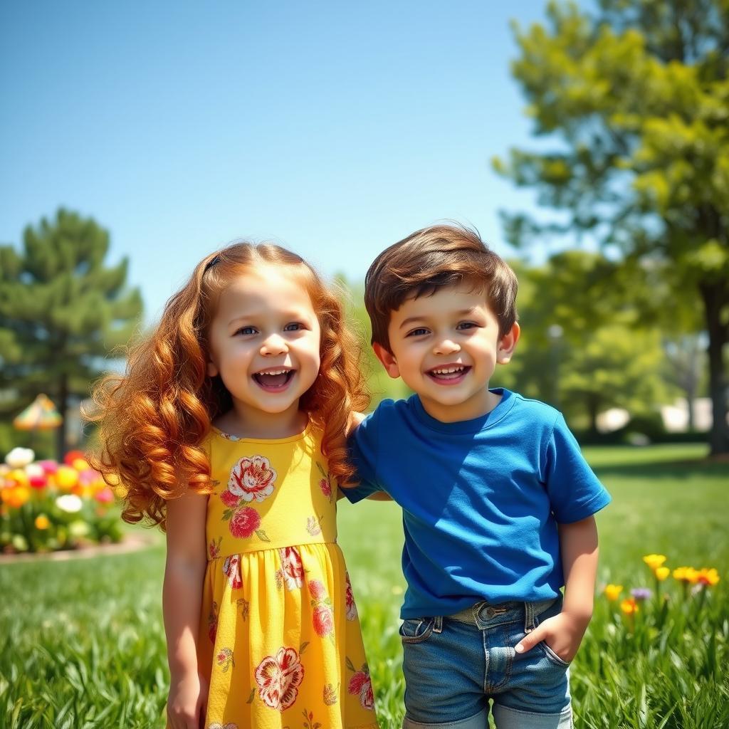 A joyful scene depicting two children standing next to each other in a sunny park