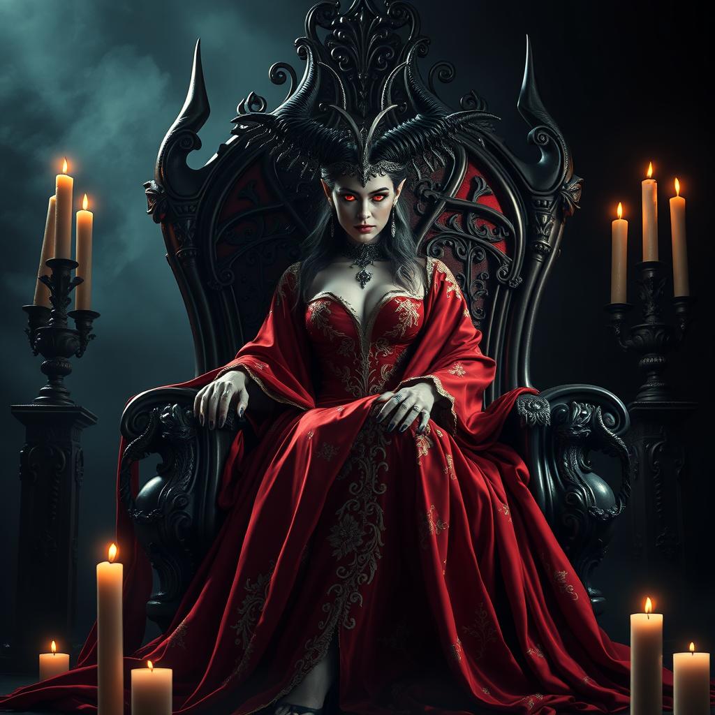 A majestic demon queen sitting on an ornate throne, draped in a flowing red gown adorned with intricate gold embroidery