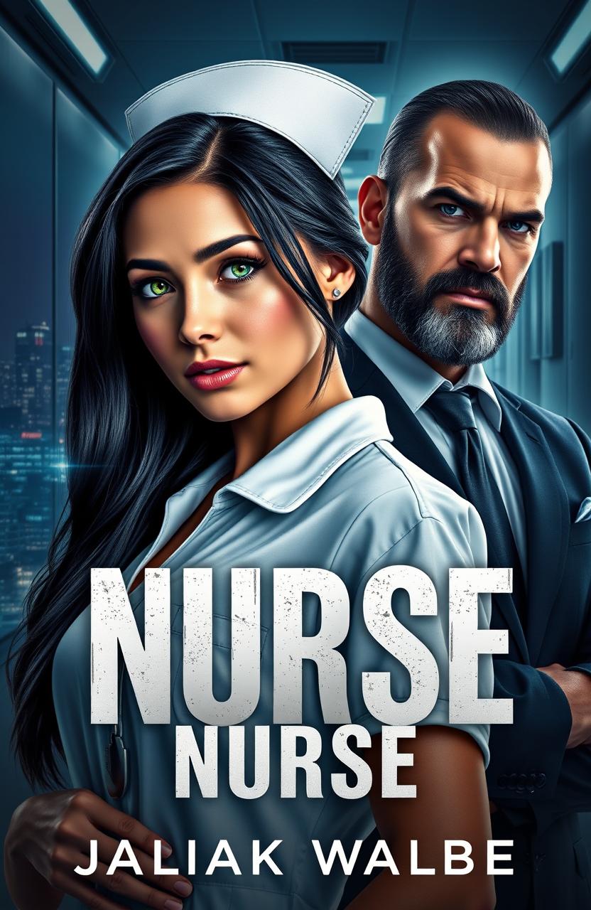 A striking book cover featuring a young nurse as the protagonist, with long black hair cascading down her back and vibrant green eyes that convey determination