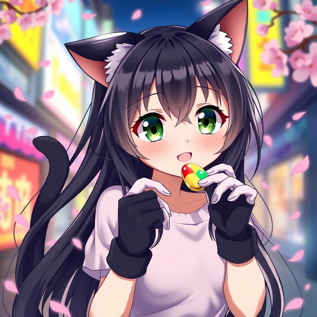 An enchanting cat girl in a vibrant anime style, depicted in a moment of whimsy as she takes a colorful pill