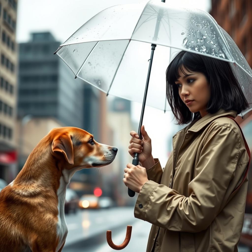 A woman standing on a city street, facing a stray dog with a look of fear on her face