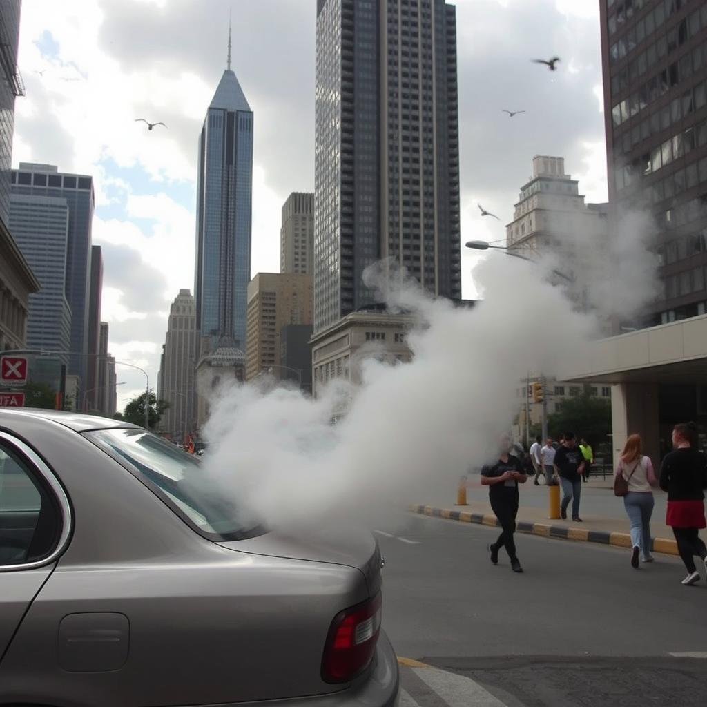 A car emitting smoke in an urban setting, showcasing a busy city environment