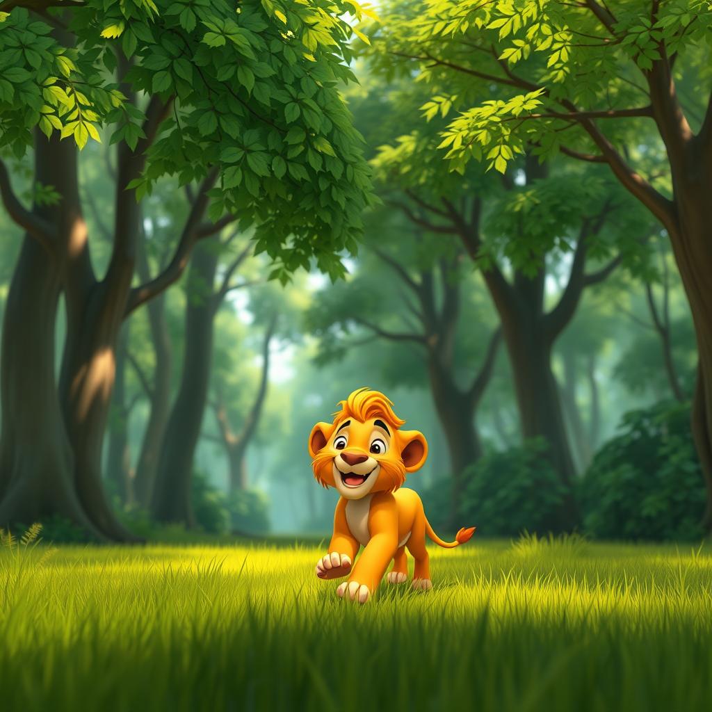 A vibrant animated scene set in a lush green forest where a joyful lion strolls across a grassy meadow
