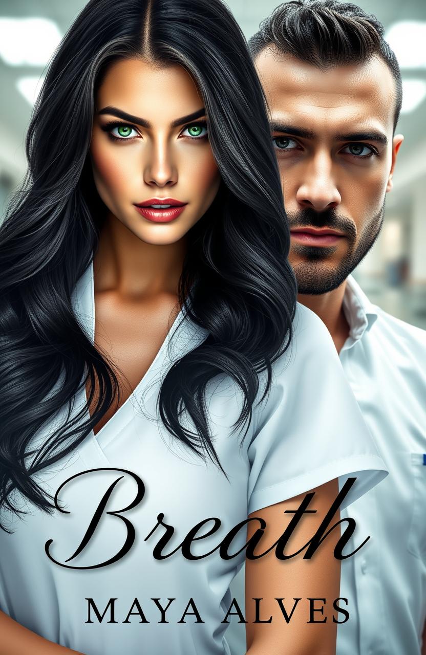 An stunning book cover featuring a beautiful young nurse as the protagonist, with long cascading black hair and vibrant green eyes that convey determination