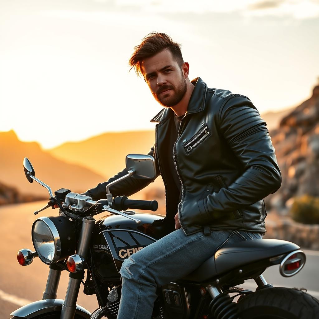 A rugged motorcycle guy dressed in a black leather jacket and faded jeans, sitting on a classic cafe racer motorcycle