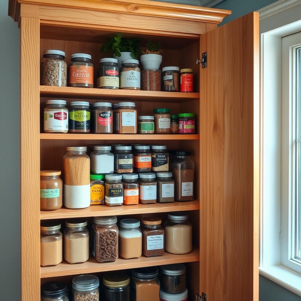 A beautifully organized wooden pantry cupboard filled with various jars of spices, grains, and baking ingredients