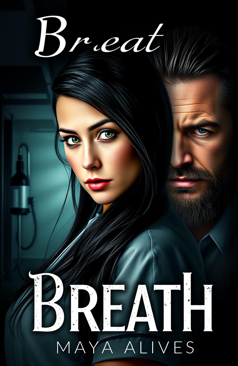 An impressive book cover featuring a young nurse as the protagonist, with long black hair cascading down her back and vibrant green eyes full of determination
