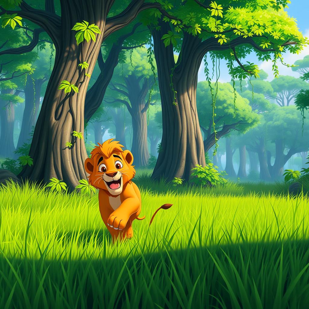 A short animated scene in a vibrant green forest, featuring a majestic lion running joyfully through the lush grassland