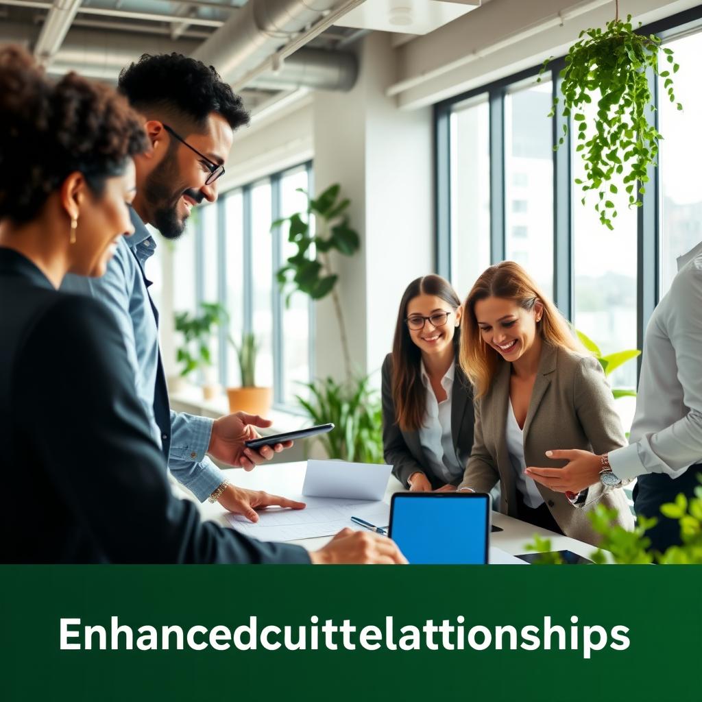 A professional business scene showcasing a diverse group of people engaged in a collaborative environment, emphasizing enhanced customer relationships