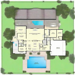 Generate a 81'x62' house plan that includes 20' front parking, 10' set back on both sides, a swimming pool, and canopies.