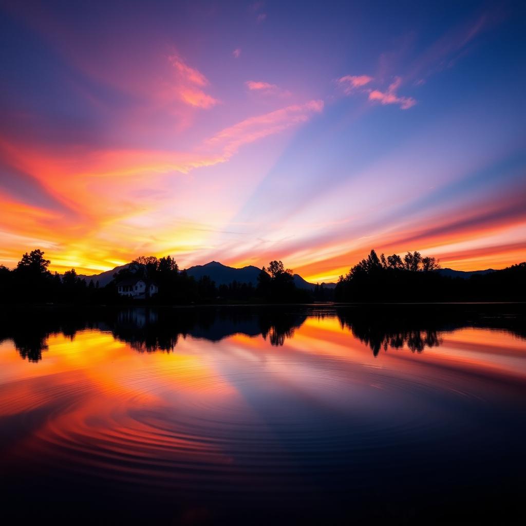 A beautifully detailed photograph of a stunning sunset over a serene lake