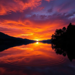 A beautifully detailed photograph of a stunning sunset over a serene lake