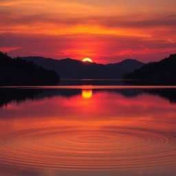 A beautifully detailed photograph of a stunning sunset over a serene lake