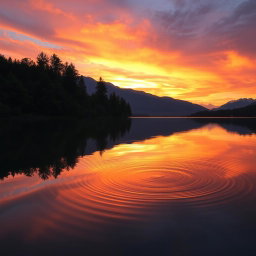 A beautifully detailed photograph of a stunning sunset over a serene lake