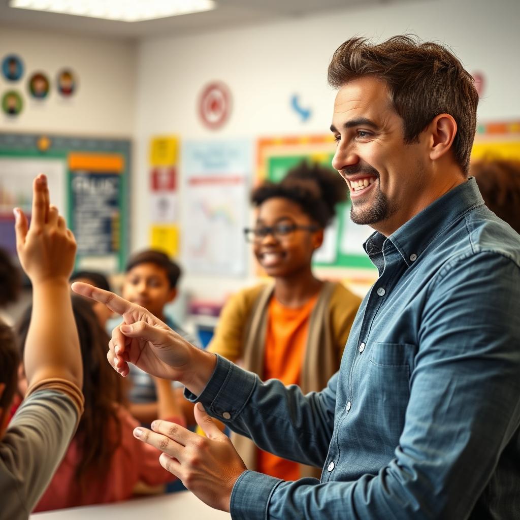 A charismatic teacher in a modern classroom setting, engaging and inspiring students