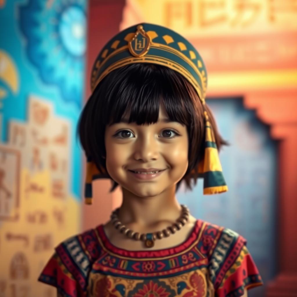 A young girl with short black hair and a sweet smile, wearing an Egyptian headdress and an ancient Egyptian dress, set in a vibrant and colorful backdrop reminiscent of ancient Egyptian architecture