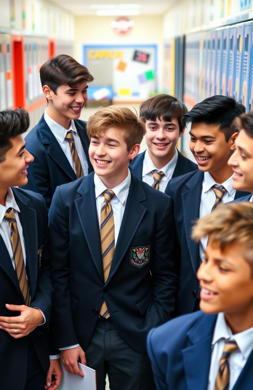 A collection of teenage boys in a vibrant high school setting, wearing smart high school uniforms