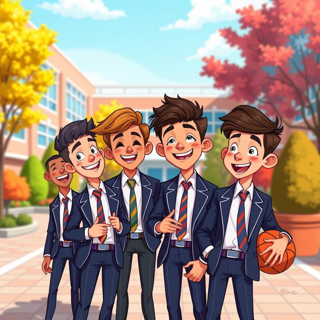 A cheerful cartoon 2D design featuring a group of teenage boys in a high school setting, all wearing trendy high school uniforms