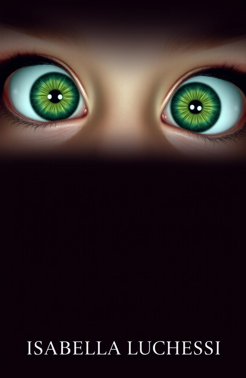 Two captivating green eyes, exuding a playful yet sweet expression, gazing directly forward and downwards