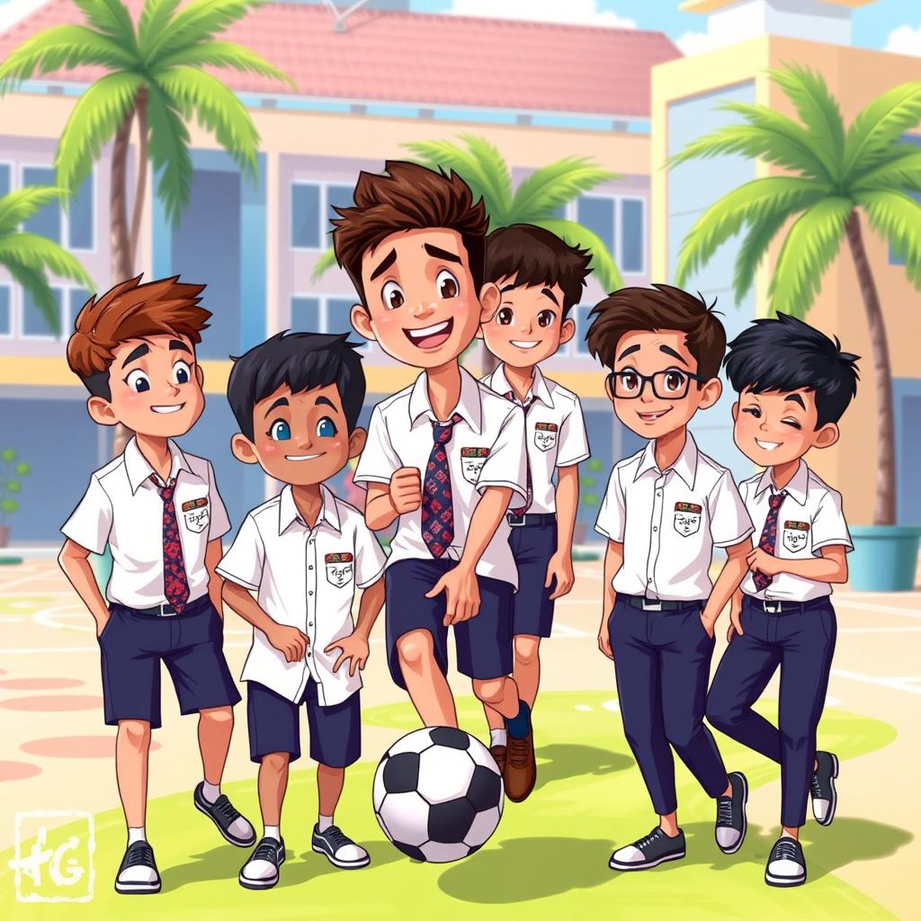 A vibrant cartoon 2D design depicting a group of teenage boys wearing traditional high school uniforms from Indonesia