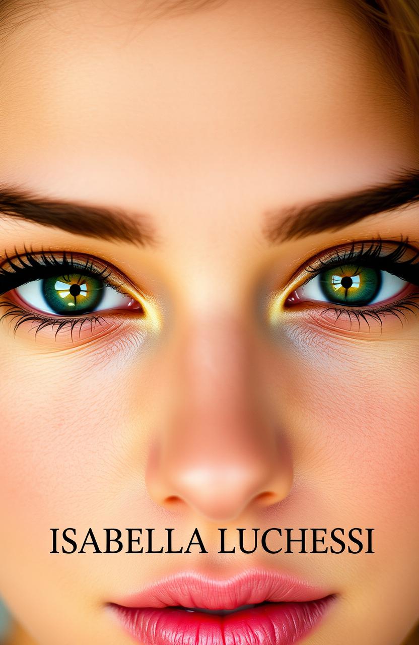 A close-up of two striking green eyes, exuding a daring yet sweet expression, belonging to an empowered young woman confidently looking straight ahead